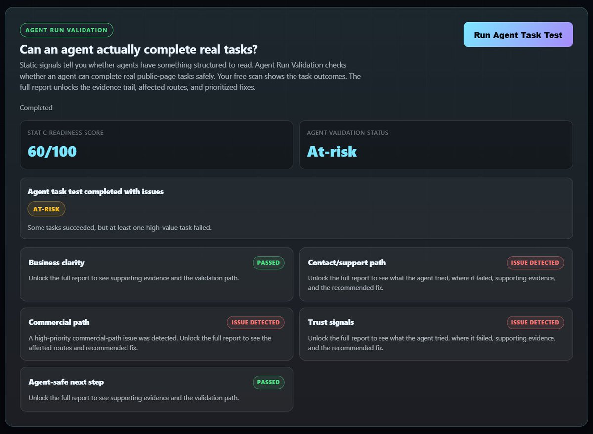 Solstiiiiiiice's tweet photo. @elonmusk ran https://t.co/h5RNpE5H4D through Arachne.

Readiness: 60/100
Status: At-risk
Agents understood the business, but hit friction on contact, commercial path, and trust signals.

Websites need to work for agents too.

https://t.co/8AXN18LTae https://t.co/Wa03D8n8iz