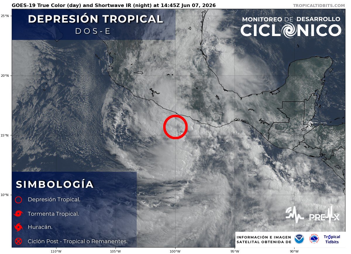 LaGuardiaMX's tweet photo. 🚨 #Alerta

🌀 Se formó la Depresión Tropical Dos-E frente a #Guerrero y #Oaxaca.

⚠️ Se espera que se convierta en Tormenta Tropical, impactando en Acapulco, Guerrero, durante la mañana de este lunes.

🌧 Esta depresión provocará lluvias extraordinarias y fuertes rachas de vientos y oleaje.

⚠️ Sigue las indicaciones de Protección Civil. 

#LaGuardiaMX📰