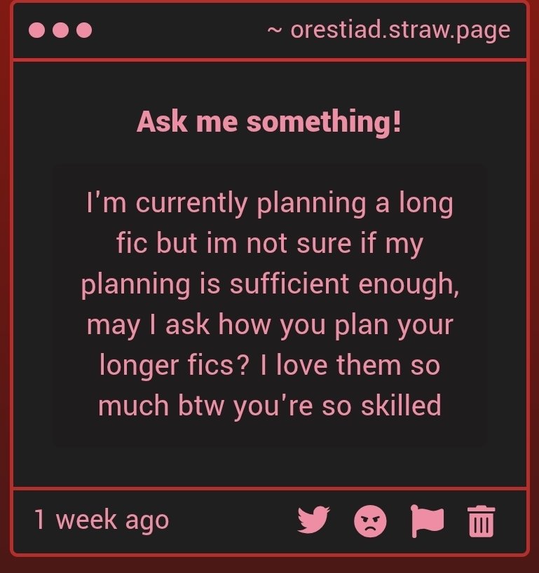 orestiad_'s tweet photo. I do a rough outline of the story, beginning to end... and then once that is done I fill the rest! But I am also not the best at planning lfkgdkgklf as I am currently on a writers block https://t.co/LJTQxciQ4M