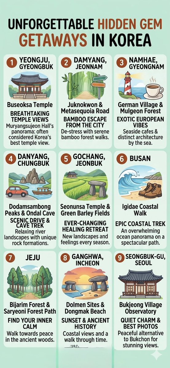 flywithmoony's tweet photo. Tired of the same old tourist spots in Korea? 🇰🇷 Here are 9 ultimate hidden gems you must visit before it’s too late! 👇 #TravelKorea #HiddenGems #KoreaTrip https://t.co/k0PHjjdQeU