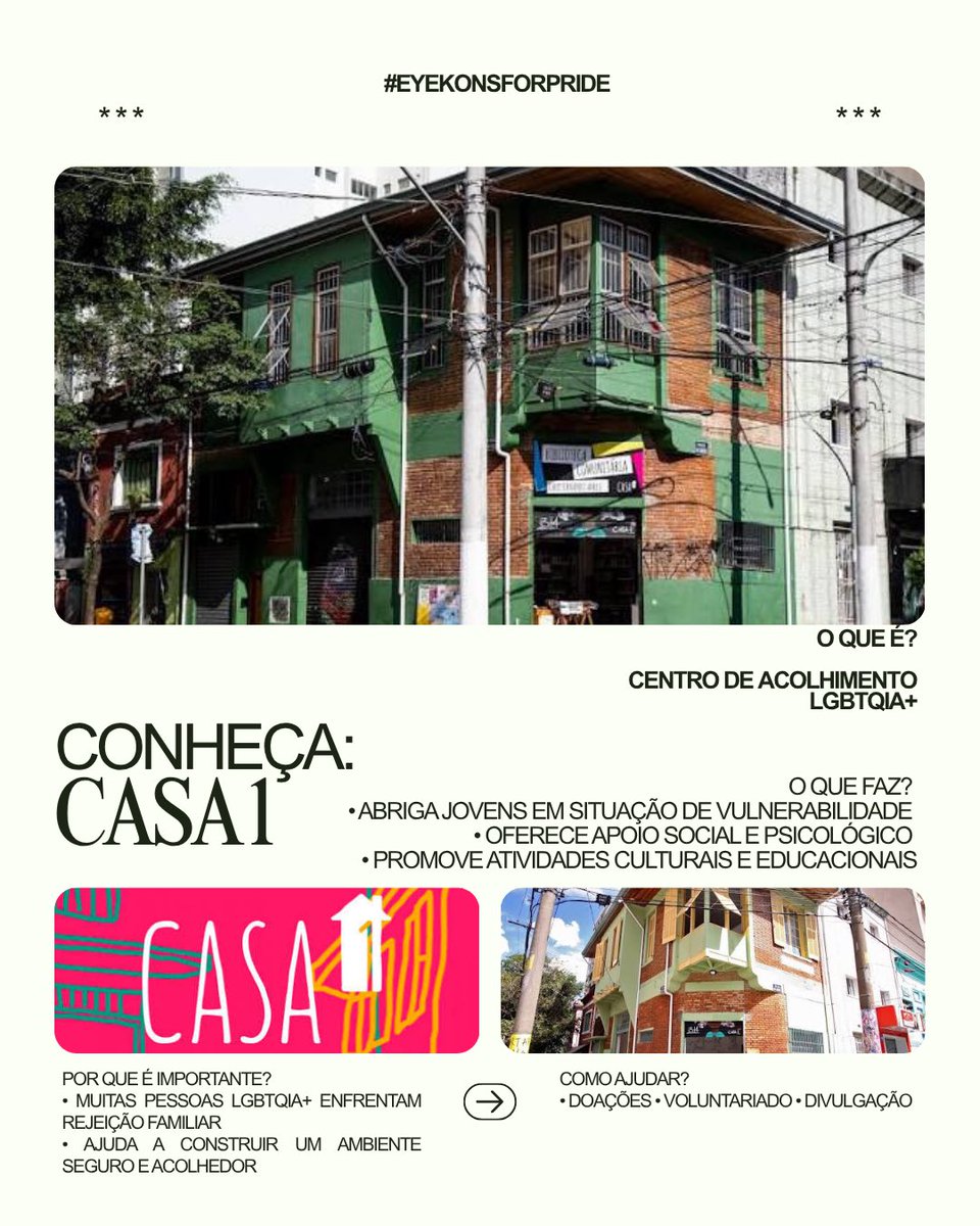 SophiaLaBrasil's tweet photo. Como parte do #EyekonsForPride, hoje apresentamos a Casa 1, organização que acolhe pessoas LGBTQIA+ em situação de vulnerabilidade através de moradia, apoio social e oportunidades.
🌐 Conheça: https://t.co/rVMBx6PZjd
❤️‍🩹 Doe: https://t.co/kjnrdUAnNU https://t.co/Nuomik8IXL