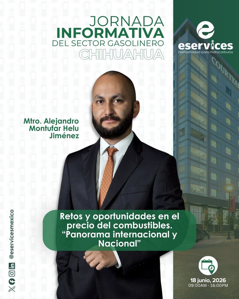 eservicesmexico's tweet photo. En el panel "Retos y oportunidades en el precio de los combustibles", Alejandro Montufar analizará las factores clave para la toma de decisiones estratégicas en el sector gasolinero.

 🗓️ 18 de junio
📍 Courtyard by Marriott Chihuahua

🔗 Regístrate aquí: https://t.co/12jRxQY8mo https://t.co/tx7ynzt2CY