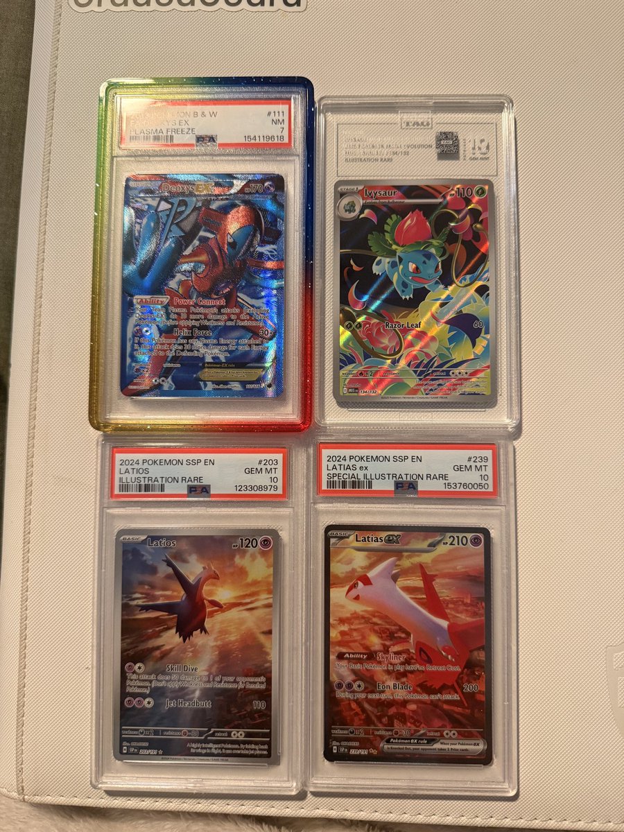 shusoa's tweet photo. @NewAgeCardKings Some Pokemon Singles/Slabs FS/FT
Singles take at 90%
+$1 PWE/+$5 Shipped in a box
Slabs Prices OBO
Deoxys - $500
Latios - $350
Latias - $700
Bulbasaur - $125 https://t.co/IouQzp8lgI