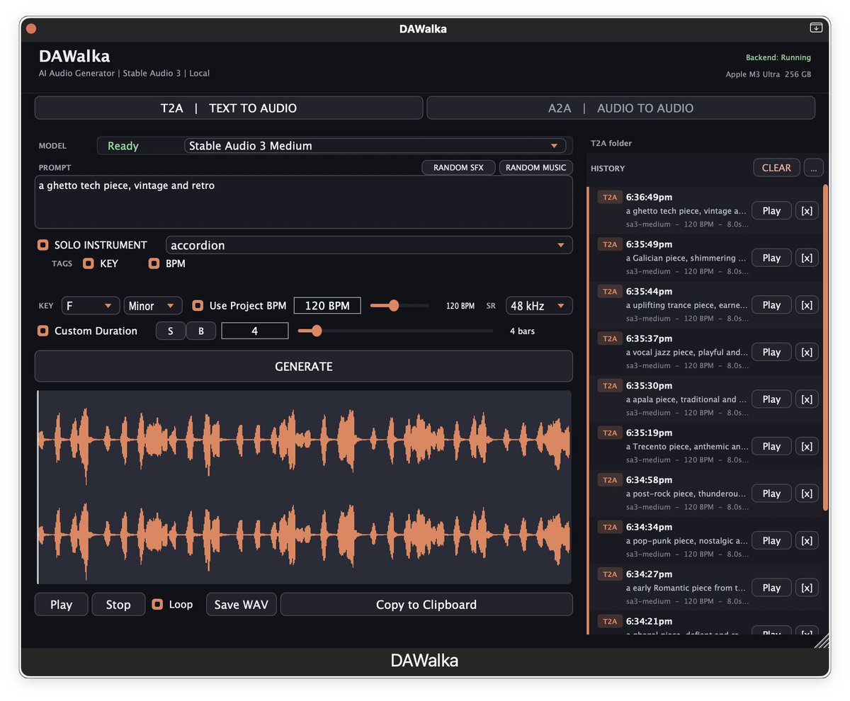 pcixmix's tweet photo. Я создал плагин DAWalka для Logic Pro, который генерирует семплы и звуковые эффекты прямо в проекте. Работает на Stable Audio 3 полностью локально на Mac M1–M5.
Без облаков, подписок и стоковых библиотек. Вводишь промпт или загружаешь аудио — получаешь готовый результат.
Бесплатно с открытым исходным кодом на GitHub: https://t.co/DMqHKmg3X8