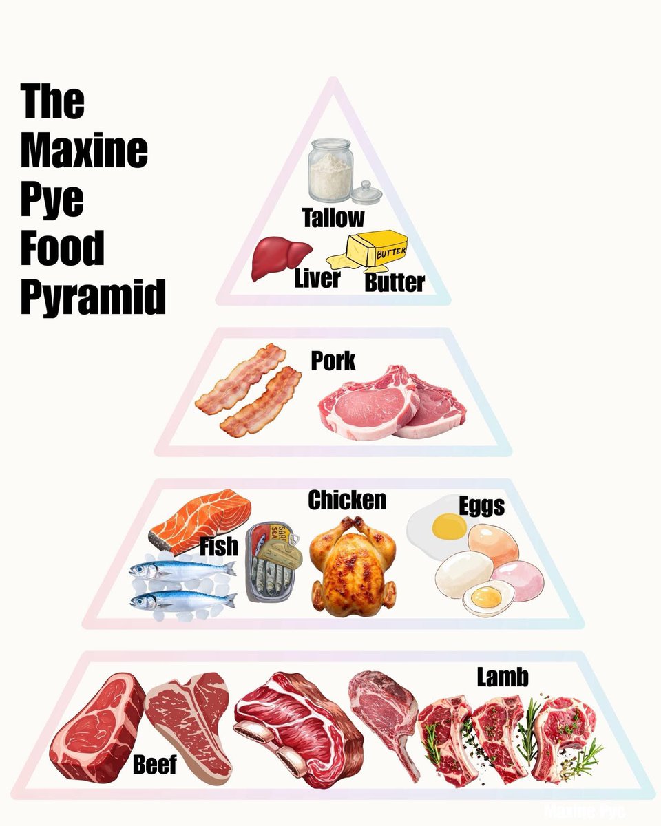 LiveAncestral's tweet photo. My food pyramid. 

You’re welcome to use it. 

 I used to eat “healthy.”
Wholegrains. Low fat. Lots of fruit.
I had brain fog, acne, anxiety attacks, and couldn’t lose weight.

All of that is gone.

#foodpyramid #steak #healthy https://t.co/yCp1c7ZnQz