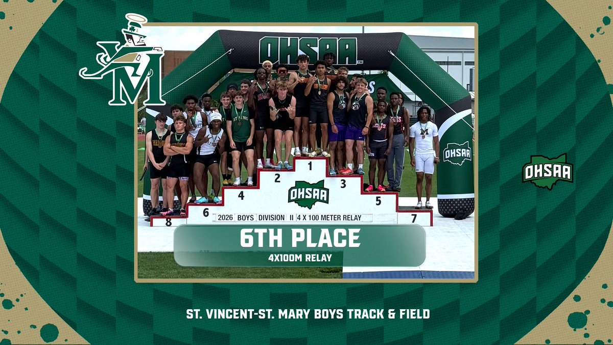 STVMAthletics's tweet photo. Congratulations to Semaj Haley, Ali Hann, Elijah Chapman, and DeCarlo Prince on an outstanding performance at the OHSAA Division II State Championships! The Irish 4x100m Relay team placed 6th overall with a time of 41.88 seconds, a time that breaks the school record! https://t.co/kc4inX5VKP