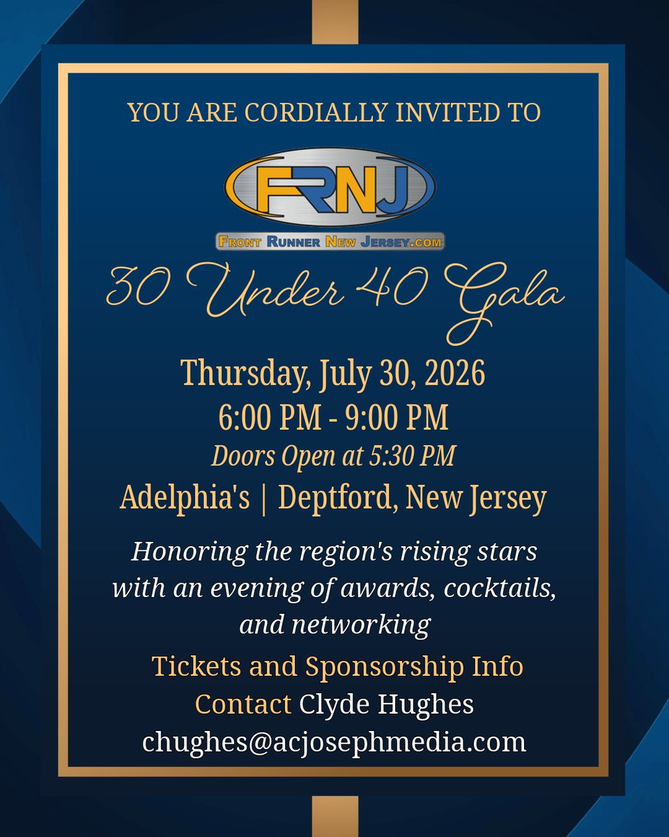 FrontJersey's tweet photo. Let's celebrate and honor the region's rising stars with an evening of awards, cocktails, and networking with @FrontJersey 's 5th Anniversary of 30 Under 40 Top Black &amp; Latino Leaders of South Jersey Gala!
Tickets @clydehughes  at chughes@acjosephmedia.com
https://t.co/MINlVDzz9j https://t.co/aTBxQULjX2