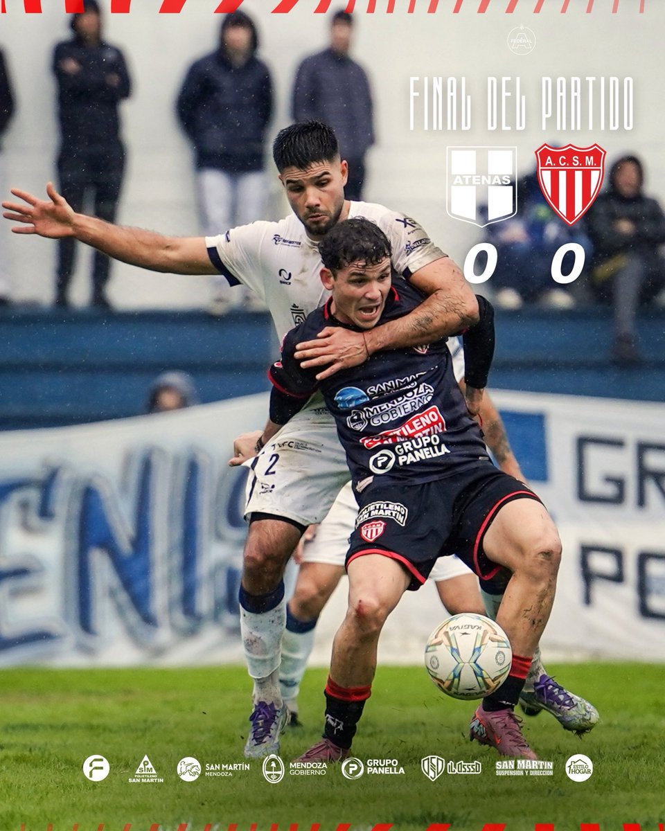 acsmmza's tweet photo. 🔚 𝗙𝗜𝗡𝗔𝗟 𝗗𝗘𝗟 𝗣𝗔𝗥𝗧𝗜𝗗𝗢

⚽ San Martín igualó 0-0 ante Atenas de Río Cuarto en condición de visitante, por la Fecha 12 del #TorneoFederalA.

💪 El Chacarero sumó un punto fuera de casa y ya piensa en lo que viene.

📅 La próxima semana tendrá fecha libre.

🦁 ¡𝗩𝗔𝗠𝗢𝗦, 𝗟𝗘𝗢𝗡!