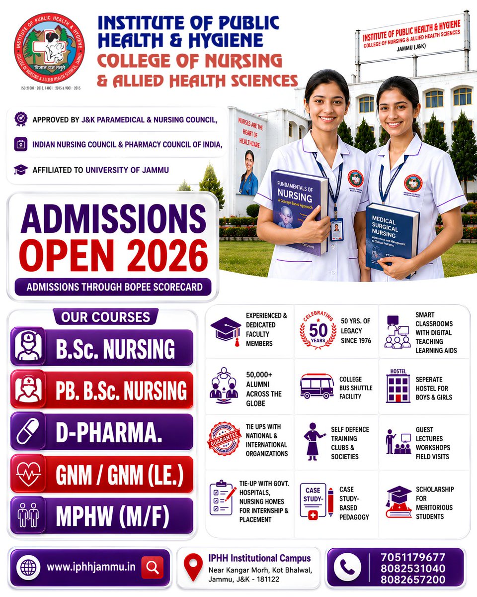 IPHHJammu's tweet photo. oin the #1 college in Jammu 
🎓Admissions Now Open For:
💊 D.Pharma.
👩‍⚕️ B .Sc. Nursing &amp; PB. B. Sc. Nursing
🏥 GNM
💉MPHW (M/F)

📞 7051179677 | 8082531040 | 8082657200

#HealthcareHeroes #NursingLife #PharmacyStudent #JKAdmissions2026 https://t.co/f3YLfYowU2