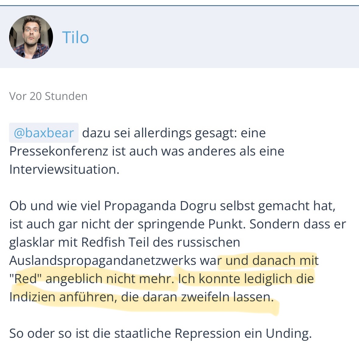 MazeThePace's tweet photo. @rosenbusch_ Interessant, dass die FAZ-Artikel fast zeitgleich mit dem Dogru-Interview von Tilo Jung erschienen. Der probiert - für ein anderes Publikum - ebenfalls den Spagat zwischen Verurteilung und Rechtfertigung der Sanktionen. Zitat aus seinem Forum: https://t.co/BCwUDpwJ7t