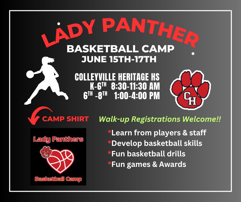 CHHS_LadyHoops's tweet photo. We are less than two weeks away from the start of Lady Panther Basketball Camp! To register, go to https://t.co/HSfXkamgk0. Be sure to register by midnight tonight, before the price increases by $10. Camp registration closes on June 13th, but you are welcome to register on the first day of camp.  

Mail in registration: $100.00 total Session I K-6th Grade Online Registration: $100.00 + $10.00 Fees: $110 

Mail in registration: $110.00 total Session II 6th-9th Grade Online Registration: $110.00 + $15.00 Fees: $125