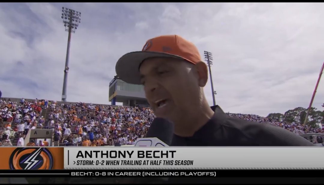 BrandonUFM's tweet photo. Head coach Anthony Becht is 0-8 in his career when trailing at halftime 😬

Surely that all changes today right! 🙃

#UFL #StormSZN https://t.co/KIqECutLki