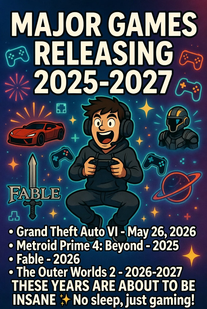 CommentVerdict's tweet photo. Major games releasing 2025-2027
• Grand Theft Auto VI: Open-World Action, Rockstar/Take-Two, May 26, 2026
• Metroid Prime 4: Beyond: Action-Adventure/FPS, Nintendo, 2025
• Fable: Action RPG, Xbox Game Studios/Playground Games, 2026
• The Outer Worlds 2: RPG, Obsidian/Xbox Game Studios, 2026–2027
• Avowed: First-Person RPG, Obsidian/Xbox Game Studios, February 2025
• Mafia: The Old Country: Action-Adventure, 2K Games/Hangar 13, Summer 2025
• Crazy Taxi: —, —, 2027
2027 release windows remain uncertain for most titles.
