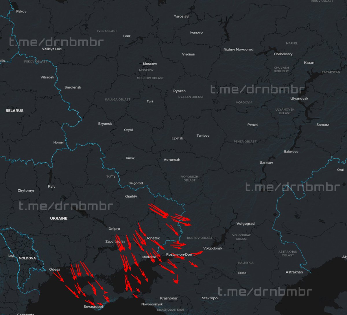 DrnBmbr's tweet photo. 🇺🇦23:40 | 07/06

Approximate flight routes of our UAVs:

🔴 Red arrows — directions of strike UAV movement;

According to Russian sources, around 250 drones were reported, though these estimates and the displayed routes remain highly approximate. https://t.co/nZlnwTpVB5
