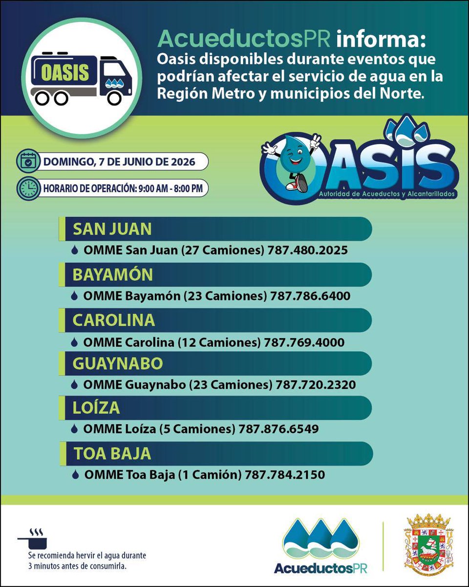 AcueductosPR's tweet photo. 🔵 Actualización | 🚚💧 Como parte de la respuesta coordinada del Gobierno de Puerto Rico, la Autoridad de Acueductos y Alcantarillados, en conjunto con los municipios, la Guardia Nacional, el Departamento de Agricultura y la Compañía de Turismo de Puerto Rico, mantiene desplegados 93 camiones oasis y camiones cisterna en apoyo a las comunidades afectadas.

🪖 La Guardia Nacional de Puerto Rico continúa respaldando las labores logísticas y operacionales para fortalecer este esfuerzo de distribución.

👉 Exhortamos a los abonados a comunicarse con los números de contacto de su OMME correspondiente para recibir asistencia.