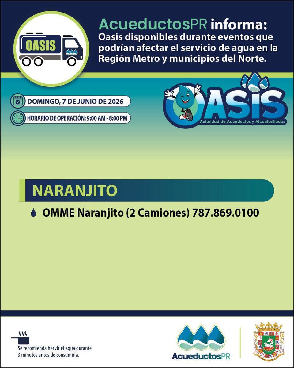 AcueductosPR's tweet photo. 🔵 Actualización | 🚚💧 Como parte de la respuesta coordinada del Gobierno de Puerto Rico, la Autoridad de Acueductos y Alcantarillados, en conjunto con los municipios, la Guardia Nacional, el Departamento de Agricultura y la Compañía de Turismo de Puerto Rico, mantiene desplegados 93 camiones oasis y camiones cisterna en apoyo a las comunidades afectadas.

🪖 La Guardia Nacional de Puerto Rico continúa respaldando las labores logísticas y operacionales para fortalecer este esfuerzo de distribución.

👉 Exhortamos a los abonados a comunicarse con los números de contacto de su OMME correspondiente para recibir asistencia.