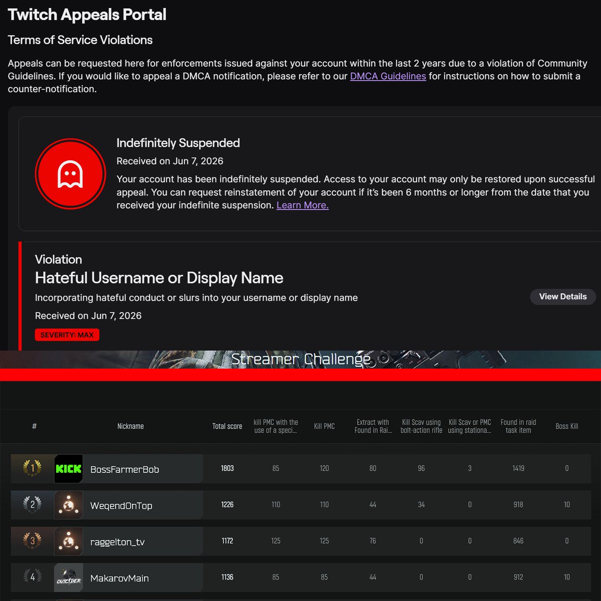 Fugglet_tv's tweet photo. Why pick Kick? I got banned on Twitch in the middle of the Streamer Tarkov tourney, I was not even live on Twitch. I stream on Kick.
Banned because of my name? 
Was it because I had the Kick logo as my picture on the scoreboard? Seems targeted by Twitch. Had a great final day of the tourney, Kick on top!
The timing is very ODD.
