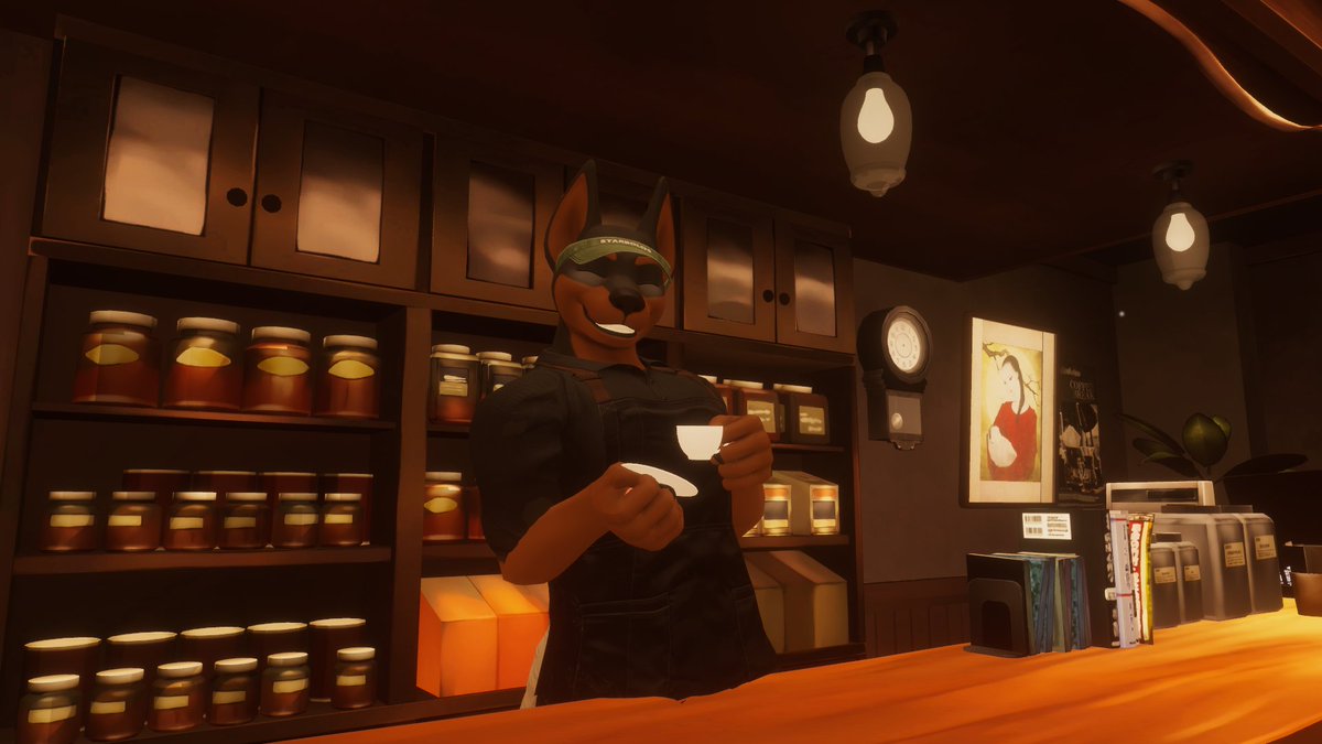 SprocketZr's tweet photo. Was doing a drink demo for some customers, but it seems like something got slipped in...
You think they'll keep an 18 foot- sorry 20 foot tall doberman on the payroll? I just wanted the pup cups 3:
#vrchat #sizevr #macrofur #vrcmacro https://t.co/bZIP1dFObe
