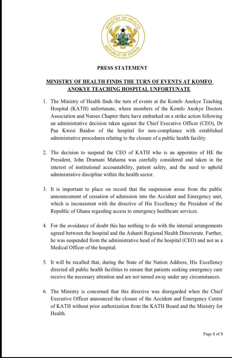 HaroldOhene's tweet photo. 🚨JUST IN: Ministry of Health finds the turn of events at Komfo Anokye Teaching Hospital Emergency Unit unfortunate. https://t.co/b1oG2n3kpe