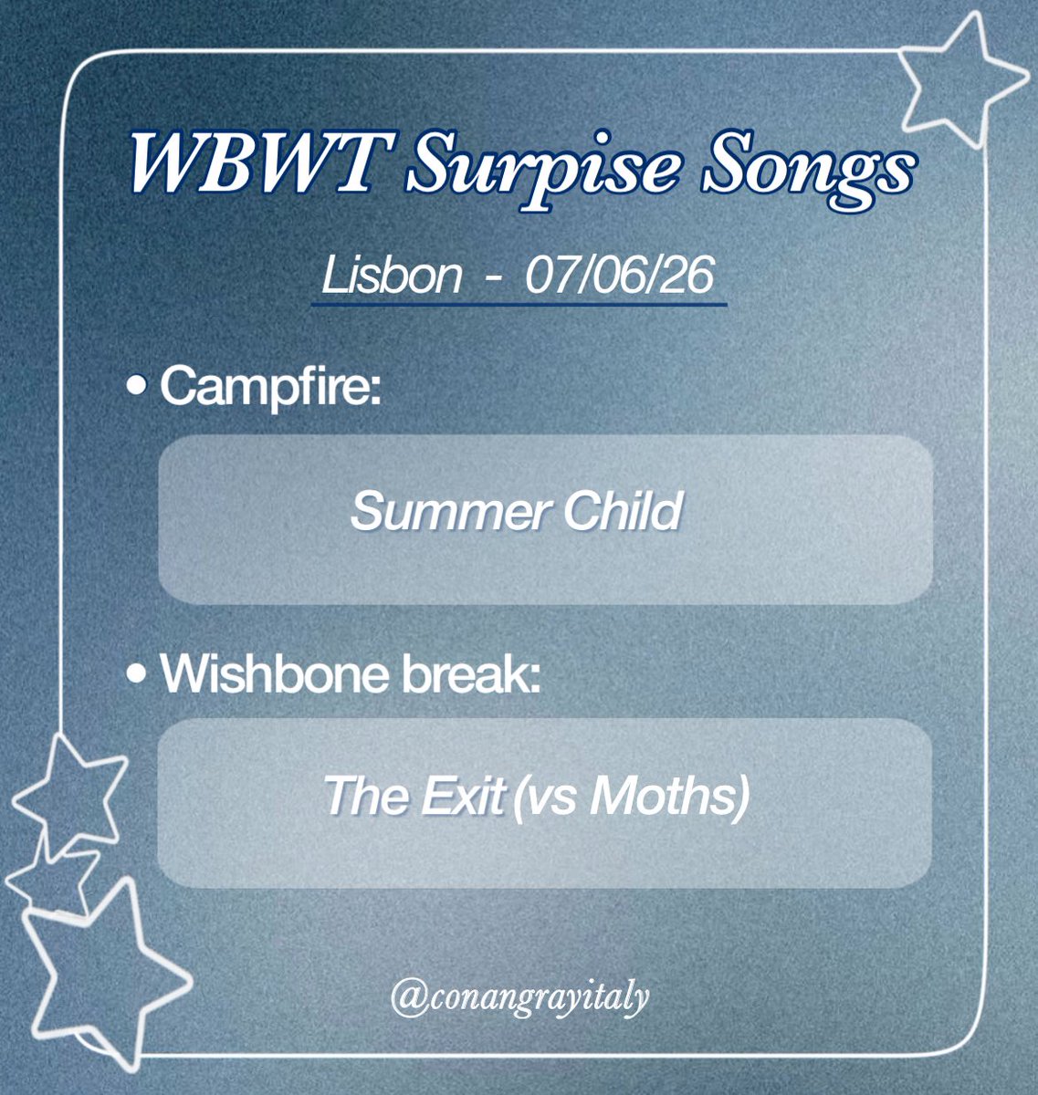 conangrayitaly's tweet photo. Le surprise songs dell’ultima data europea del #WBWT a Lisbona 🩵 https://t.co/10FqN9bcBs