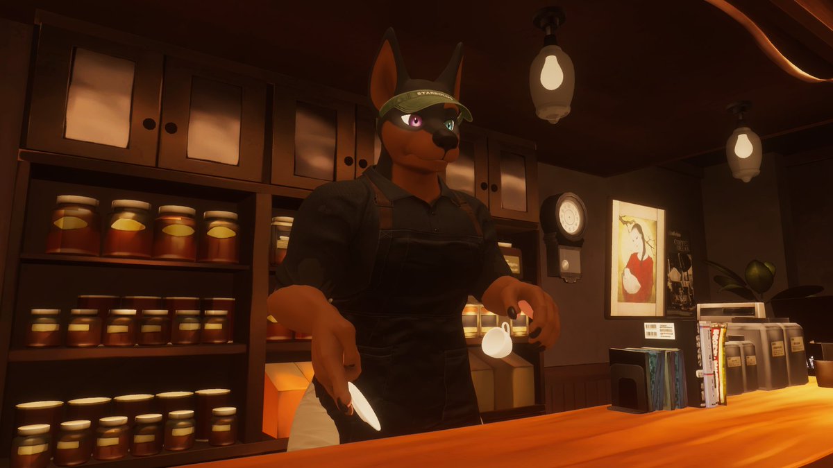 SprocketZr's tweet photo. Was doing a drink demo for some customers, but it seems like something got slipped in...
You think they'll keep an 18 foot- sorry 20 foot tall doberman on the payroll? I just wanted the pup cups 3:
#vrchat #sizevr #macrofur #vrcmacro https://t.co/bZIP1dFObe