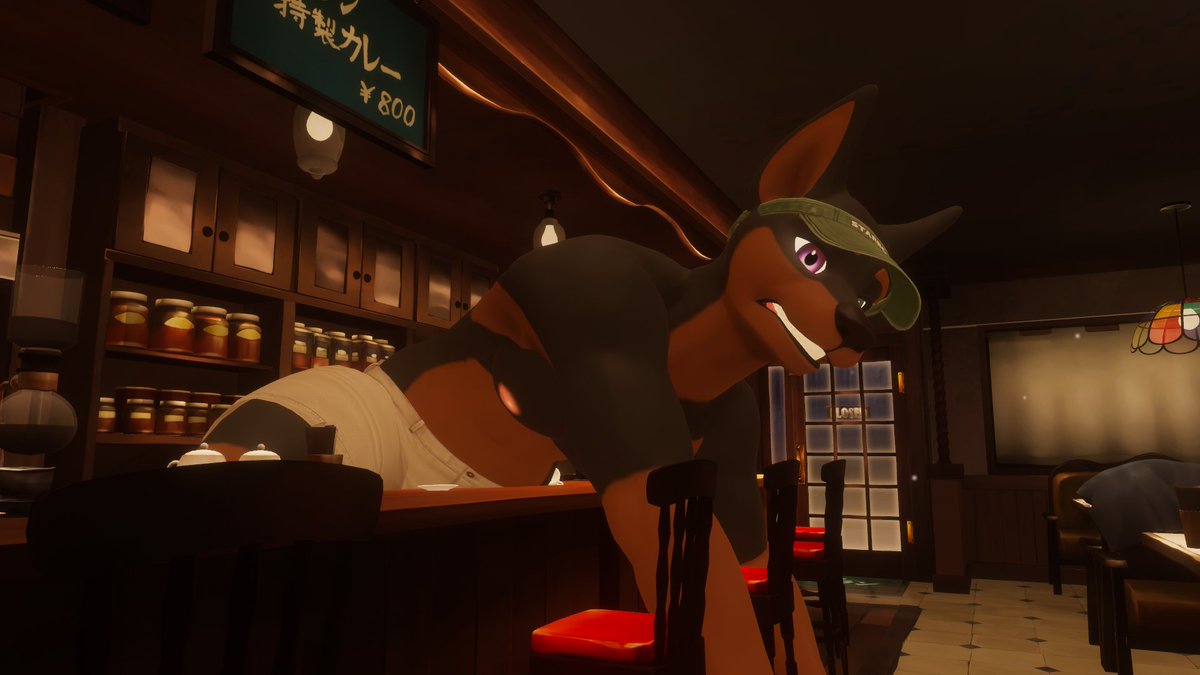 SprocketZr's tweet photo. Was doing a drink demo for some customers, but it seems like something got slipped in...
You think they'll keep an 18 foot- sorry 20 foot tall doberman on the payroll? I just wanted the pup cups 3:
#vrchat #sizevr #macrofur #vrcmacro https://t.co/bZIP1dFObe