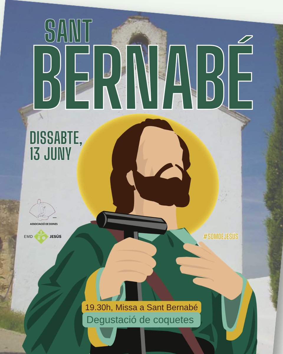 JessEMD1's tweet photo. 🌿 Sant Bernabé 2026 🌿

El proper dissabte 13 de juny celebrarem Sant Bernabé.

⛪ 19.30 h – Missa a Sant Bernabé
🥟 Degustació de coquetes

Us hi esperem!

#somdeJesús https://t.co/YmRiOBVguB