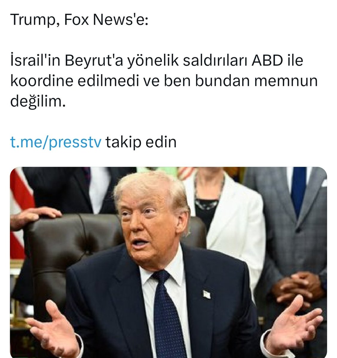 koc_ibrahim_koc's tweet photo. ABD Başkanı Trump: 

“Pazartesi, Salı veya belki Çarşamba günü bir anlaşmanın imzalanacağını söylerdim, ama şimdi bu oldu.”

Rusen Press kaynaklarına göre ABD-İran'ın taslak anlaşma konusunda anlaştığı, İsrail'in ise bu anlaşmanın olmamasını istediği bildiriliyor. 

İsrail ve İran'ın karşılıklı birbirini tehdit etmesi üzerine Trump'ın da bırakın birbirlerini vursunlar rahatlasınlar dediği iddia ediliyor.