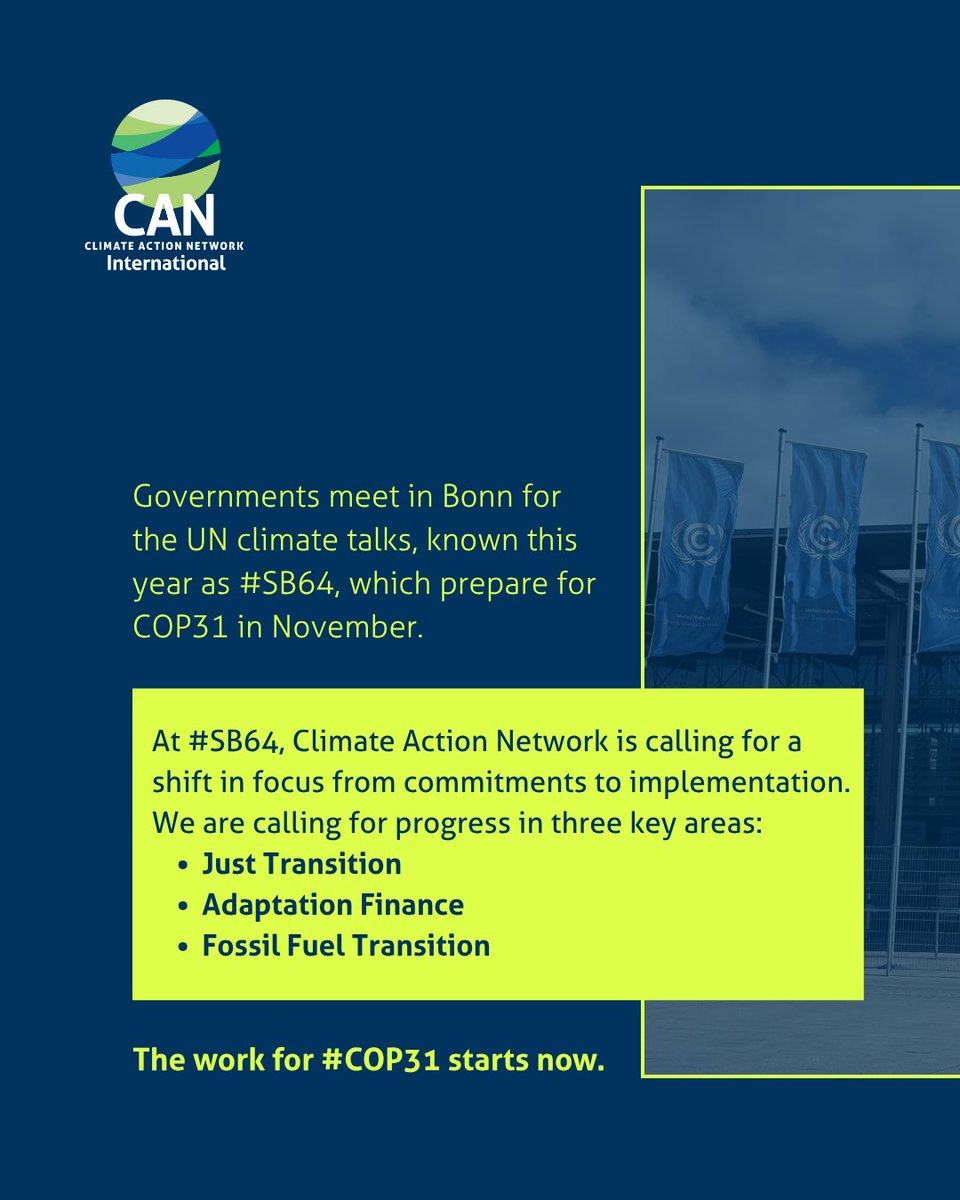 CANIntl's tweet photo. Every June, governments gather in Bonn for the @UNFCCC  meetings where they discuss the detailed technical and implementation work 
that prepares the ground for that year’s COP. 

This year’s conference, #SB64, shapes the political groundwork for COP31. https://t.co/sgJwEfOR15