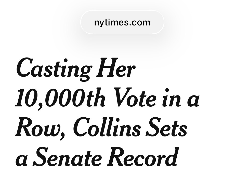 davidsirota's tweet photo. The New York Times portrayed combat Marine Graham Platner as not sufficiently working class, didn’t do a story on Collins becoming literally a multimillionaire after marrying a corporate lobbyist, and instead did a story celebrating Collins’ Senate attendance record. https://t.co/jhWeh4igHj