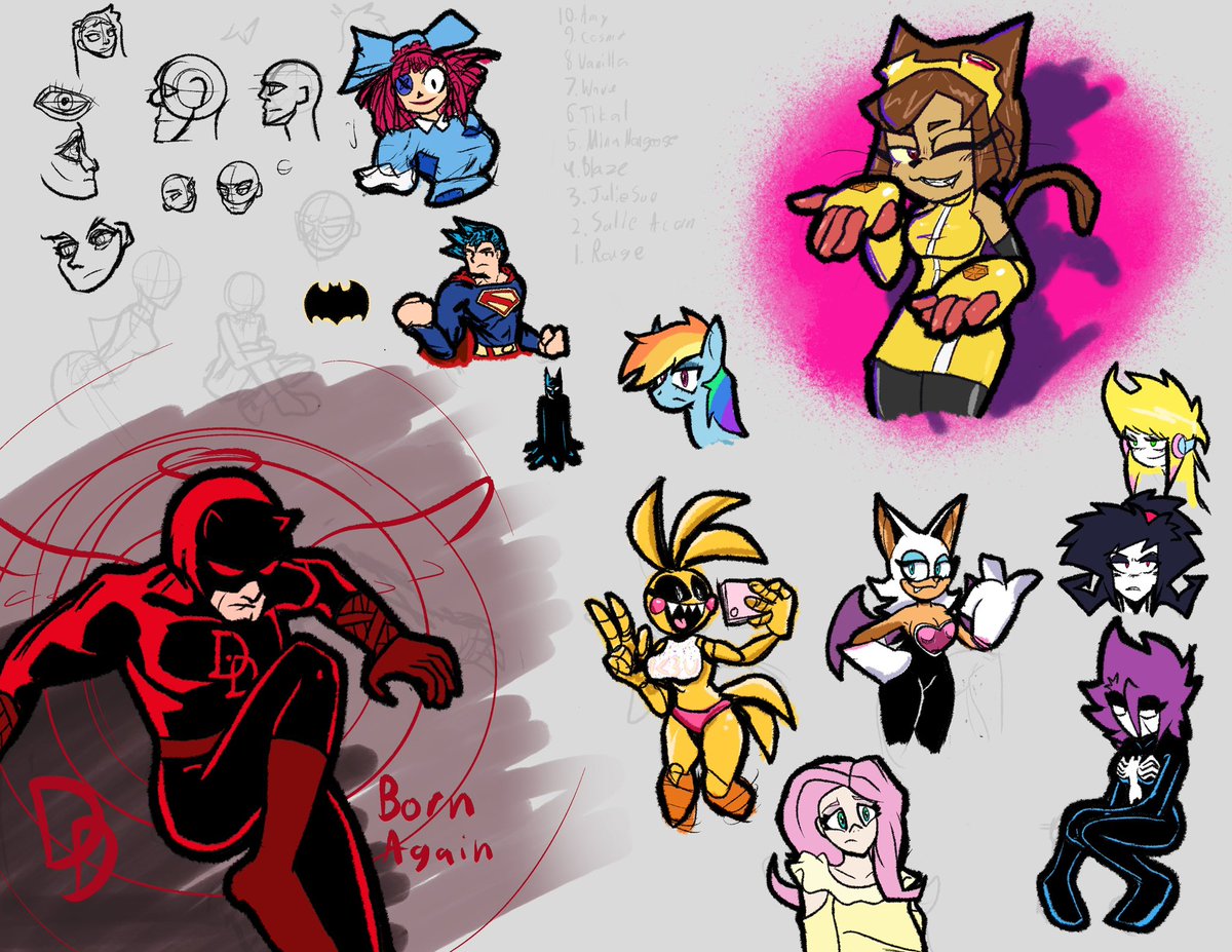 megamatt970's tweet photo. Doodles:

Featuring: A Daredevil, a Kit Bodega, a Rouge, a Toy Chica selfie, a Fluttershy, a golden age Superman, a Ragatha, a Rainbow Dash, and some random anatomy studies. 
#fanart #oc #art #digtalart #drawing https://t.co/BdvIO4Bj7U