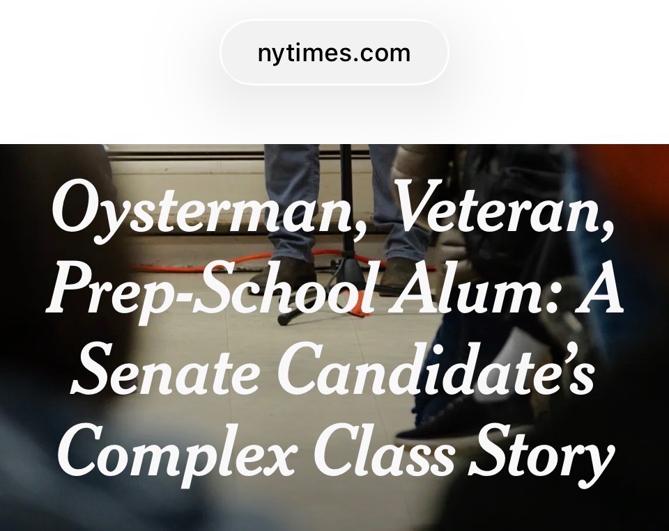 davidsirota's tweet photo. The New York Times portrayed combat Marine Graham Platner as not sufficiently working class, didn’t do a story on Collins becoming literally a multimillionaire after marrying a corporate lobbyist, and instead did a story celebrating Collins’ Senate attendance record. https://t.co/jhWeh4igHj