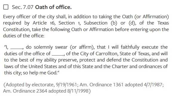 NoCRTinSchools's tweet photo. Here is the oath of office the Mayor of Carrollton Texas is required to take before entering office.
Why do we take these oaths if we do NOT make officials abide by them?
"I do not support the USA ... I look down on it" certainly doesn't sound like someone ready to protect and defend the Constitution to me.