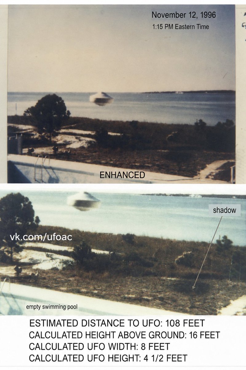 Cortex_Zero's tweet photo. 📷Rare Gulf Breeze UFO Flap Photographs Resurface

These images are attributed to the Gulf Breeze wave and allegedly show a daylight UFO photographed over Santa Rosa Sound on November 12, 1996.

According to the annotations, the object’s shadow was visible on the shallow bottom of Santa Rosa Sound, where the water depth was estimated at only 1 foot. That reportedly allowed for triangulation and size/distance estimates.

The stated calculations:

Distance: 108–115 feet
Height above surface/ground: 16–38 feet
Width: roughly 8–8.5 feet
Height: roughly 4.5–5 feet

I feel that this is the type of photographic analysis that makes older UFO cases worth revisiting carefully. Daylight imagery, environmental reference points, alleged shadow geometry, and measurable claims.

The key question remains provenance. Where did the original negatives, prints, or first-generation scans come from, and can the measurements be independently reconstructed? 

Updates to come if I am able to uncover anything else in connection to these images. #ufox #ufotwitter
