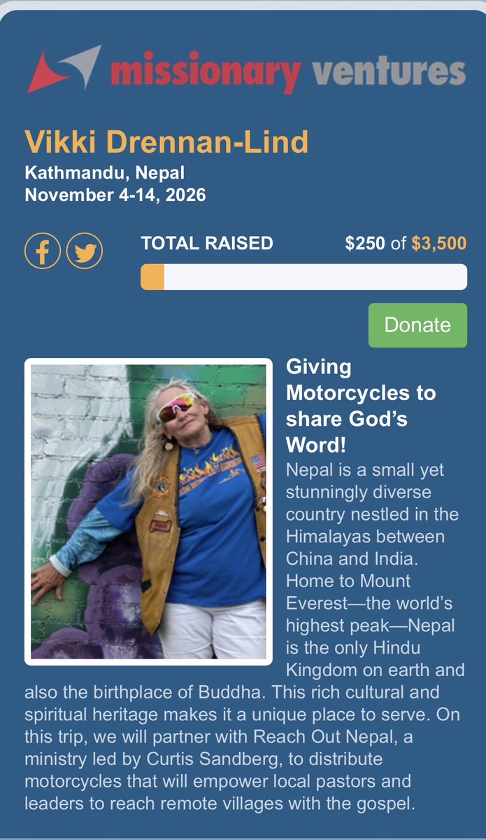 vikki0213's tweet photo. Lookin to help deliver motorcycles from my CMA organization in Nepal. Please consider contributing to my mission trip!

https://t.co/JtWgivSn4e

#mission_Nepal
#motorcycle #CMA
#Christian
#missionary 
#WestonMcKennie
#preachers https://t.co/OVBDMUA1bj