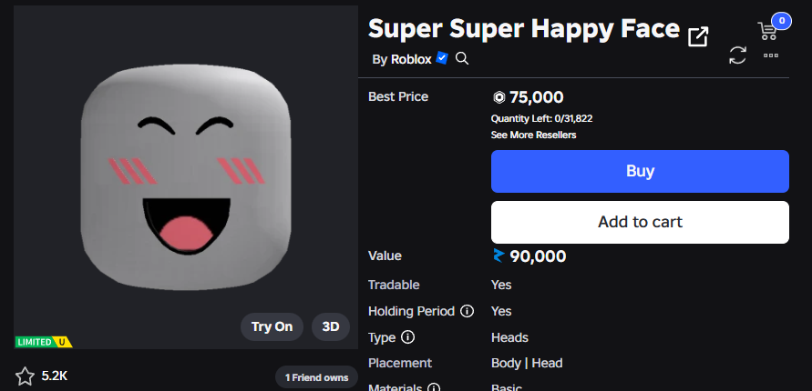 Ran_RBX's tweet photo. Super super happy face STILL performing terribly, selling at 75,000!😭 At this point, how low can this face go #roblox https://t.co/0OnhZd4e6J