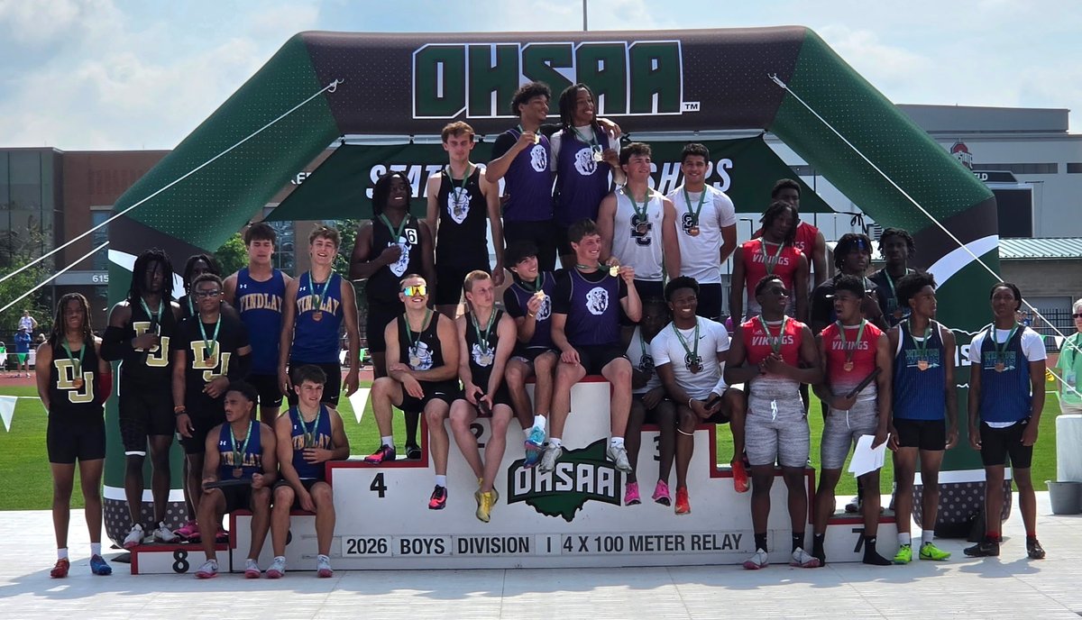 FHSAthletic's tweet photo. All State Alert:  Findlay Trojans boys 4x100 Carter Imke, Dominic Smith, Sonny Hines, and Greyson Geiser run a 42.29 and earn All Ohio. Welcome to the Wall!  #TrojanTrue. https://t.co/gEugp2dSjY