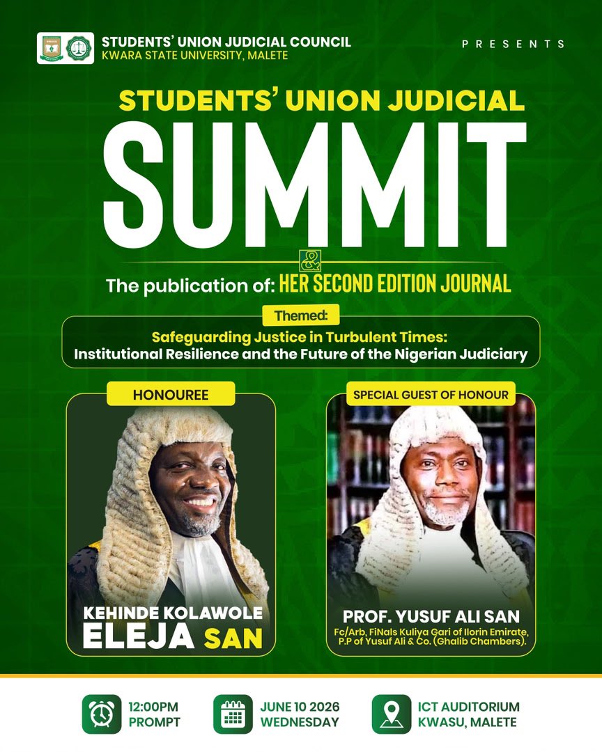 SUJCKWASU's tweet photo. ⚖️✨ Countdown continues! ✨⚖️
We are honoured to announce Prof. Yusuf Olaolu Ali, SAN (P.Partner, Ghalib Chambers)as Special Guest of Honour at the Judicial Summit &amp; unveiling of the 2nd Edition Journal in Honour of K. K. Eleja, SAN.
📅 10th June,2026 |🕛 12:00 PM |📍 ICT Aud https://t.co/5m3E1S81fq