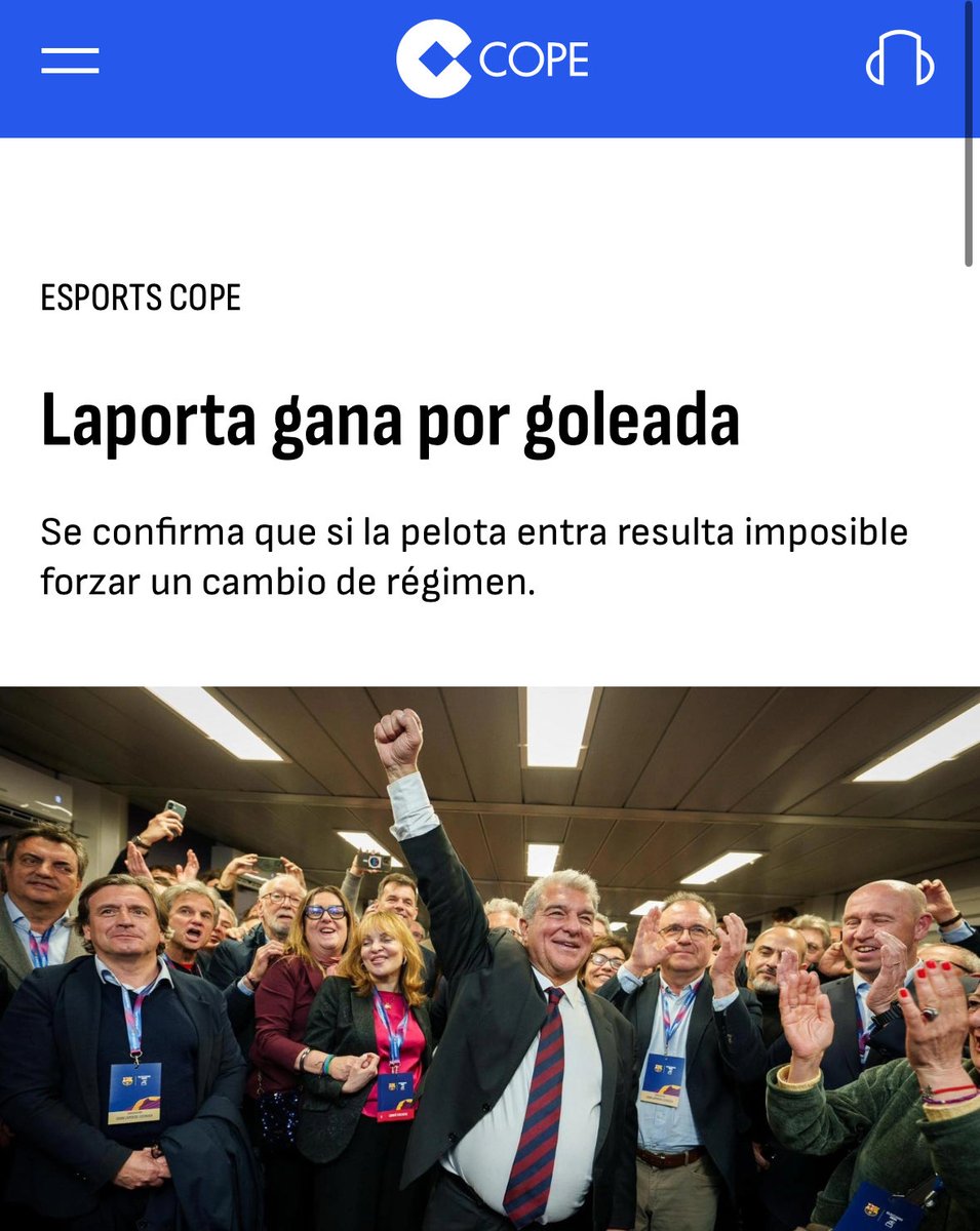 xabilarrainzar's tweet photo. ¿Sabéis qué dijo la prensa cuando Laporta ganó hace unos meses con un porcentaje similar?

Laporta “arrolla”, “arrasa”, “gana por goleada”… con un 68%.

Los medios que “controla” Florentino.

Caretas fuera. 
Contra esto competimos. https://t.co/eSQczX3foI