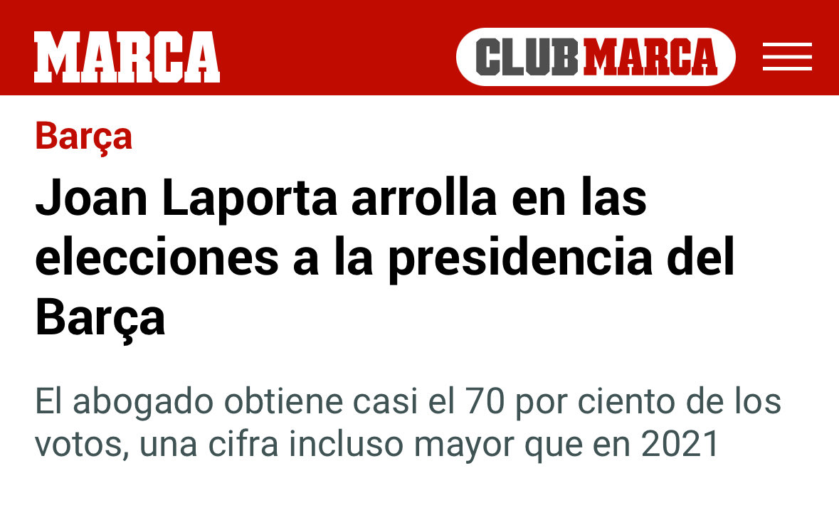 xabilarrainzar's tweet photo. ¿Sabéis qué dijo la prensa cuando Laporta ganó hace unos meses con un porcentaje similar?

Laporta “arrolla”, “arrasa”, “gana por goleada”… con un 68%.

Los medios que “controla” Florentino.

Caretas fuera. 
Contra esto competimos. https://t.co/eSQczX3foI