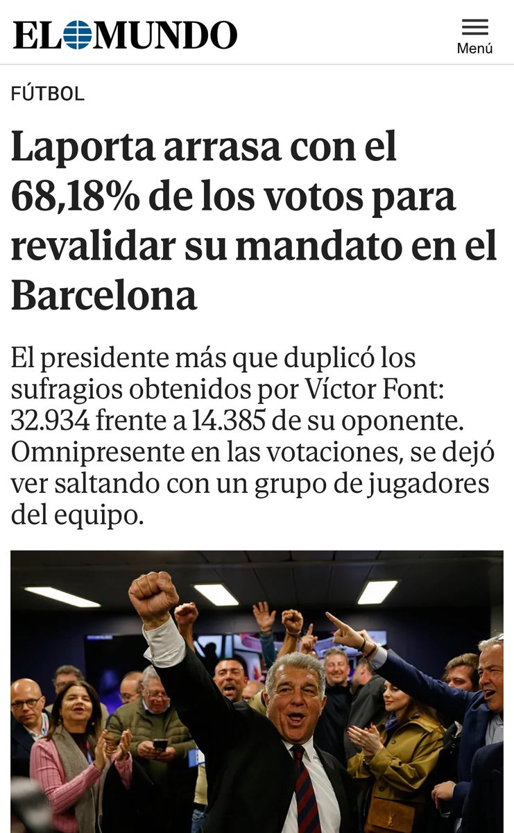 xabilarrainzar's tweet photo. ¿Sabéis qué dijo la prensa cuando Laporta ganó hace unos meses con un porcentaje similar?

Laporta “arrolla”, “arrasa”, “gana por goleada”… con un 68%.

Los medios que “controla” Florentino.

Caretas fuera. 
Contra esto competimos. https://t.co/eSQczX3foI