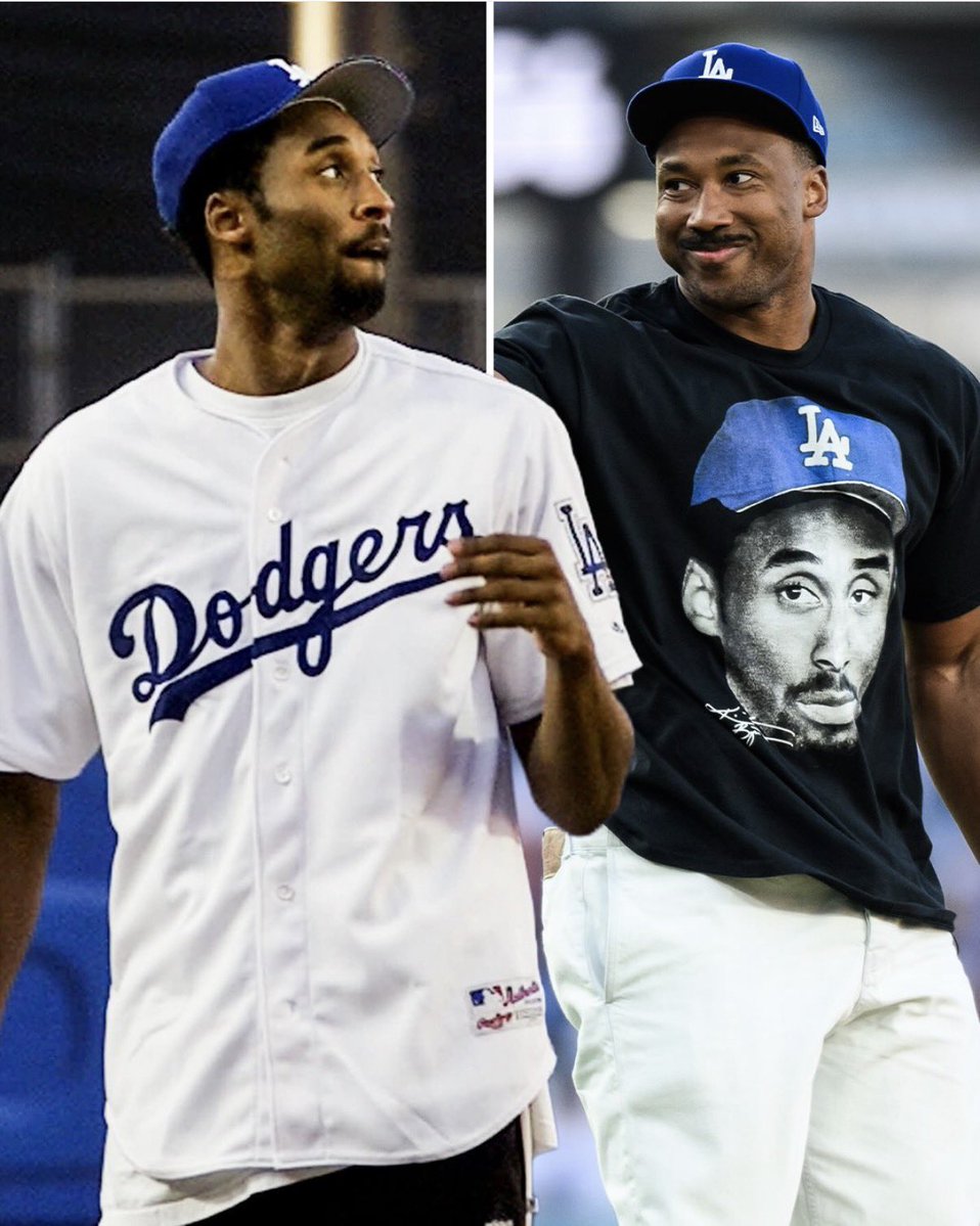 AdamSchefter's tweet photo. New Rams DE Myles Garrett threw out the first pitch at Saturday night’s Dodgers’ game wearing a Kobe shirt. https://t.co/FUIkNtuJLs