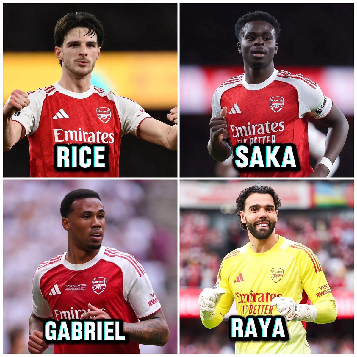 GreatmenArs's tweet photo. Who was Arsenal’s MOST important player in our title winning season?

❤️ Gabriel — best defender in the league.
⚡ Rice — controlled games and led the midfield.
🧤 Raya — Golden Glove and elite distribution.
⭐ Saka  — our biggest attacking threat.

Take one out of the team and Arsenal don’t win the league.

Who are you choosing and why?