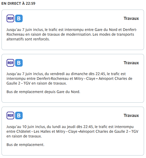 RERB's tweet photo. @noemie_brv Bonsoir 𝔑𝔬𝔢́, je regrette les désagréments évoqués 😕 Il y a 3 situations de travaux actives (comme le montre votre capture avec les 3 ••• en bas). Celle que vs affichez ici est l'une des 3. Je vs confirme que l'information diffusée indique bien la situation réelle 👇 Milo https://t.co/DX9x4TXt6i