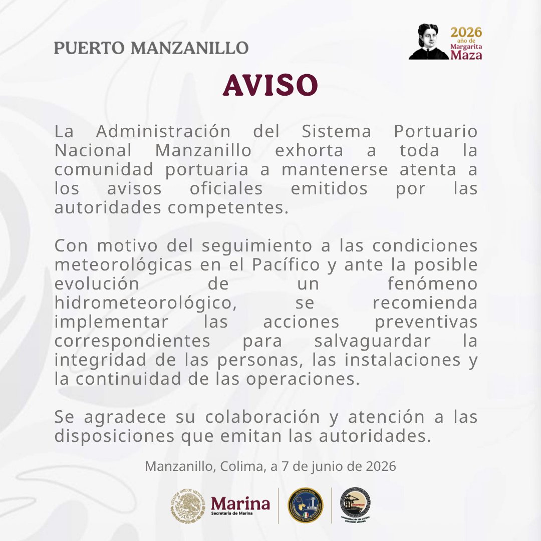 ASIPONA_Man's tweet photo. La Administración del Sistema Portuario Nacional Manzanillo exhorta a toda la comunidad portuaria a mantenerse atenta a los avisos oficiales emitidos por las autoridades competentes.

Con motivo del seguimiento a las condiciones meteorológicas en el Pacífico. https://t.co/6Wi37wepGP