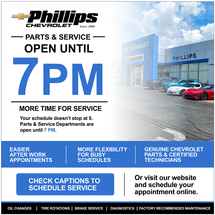 PhillipsChevy's tweet photo. Need service but working late? We've got you covered. 🙌

Phillips Chevrolet Parts &amp; Service departments are now open until 7 PM! Get genuine Chevy parts and expert care on your schedule. 🛠️

💻 Schedule your next appointment online right now: https://t.co/LapJsxRDl1 https://t.co/lhEdUS2fUx