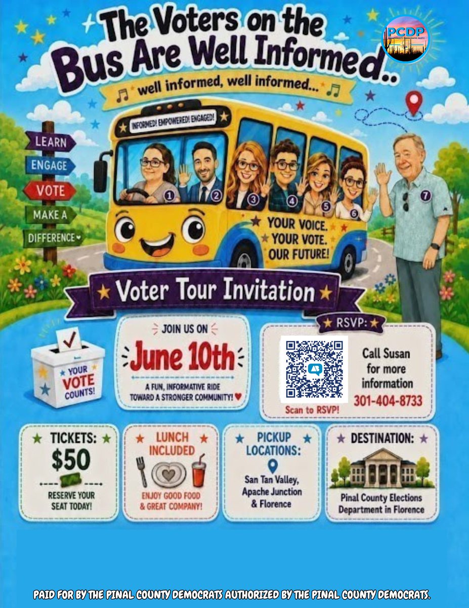PinalDems's tweet photo. When voters know the issues and who’s on the ballot, our democracy gets stronger! 🗳️ Let's get informed, ask questions, and hold everyone accountable. Join us to discuss the races and roll into Election Day as a community! Stay curious, engaged, and ready to vote! #ArizonaDems #PinalDems #Democrats