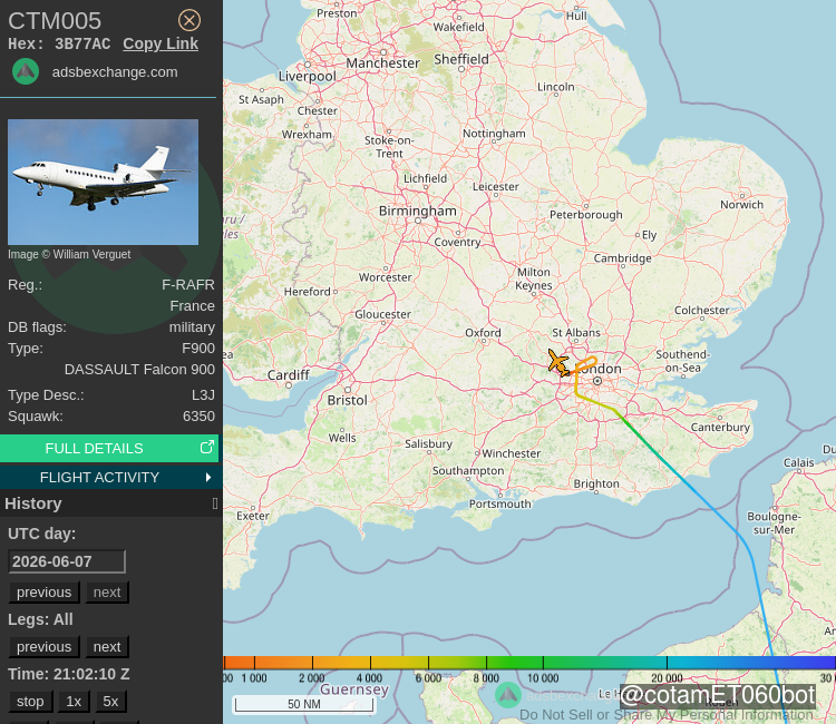COTAMET060Bot's tweet photo. 🛫 Le DASSAULT Falcon 900 F-RAFR CTM005 de la flotte de l'ET 060 a été détecté à 3 325 ft près de l'aéroport RAF Northolt (NHT/EGWU) - Suivi: https://t.co/PTGhOS9dFv

🕑 07/06/2026 21:01:38 https://t.co/pCnbnf1REp
