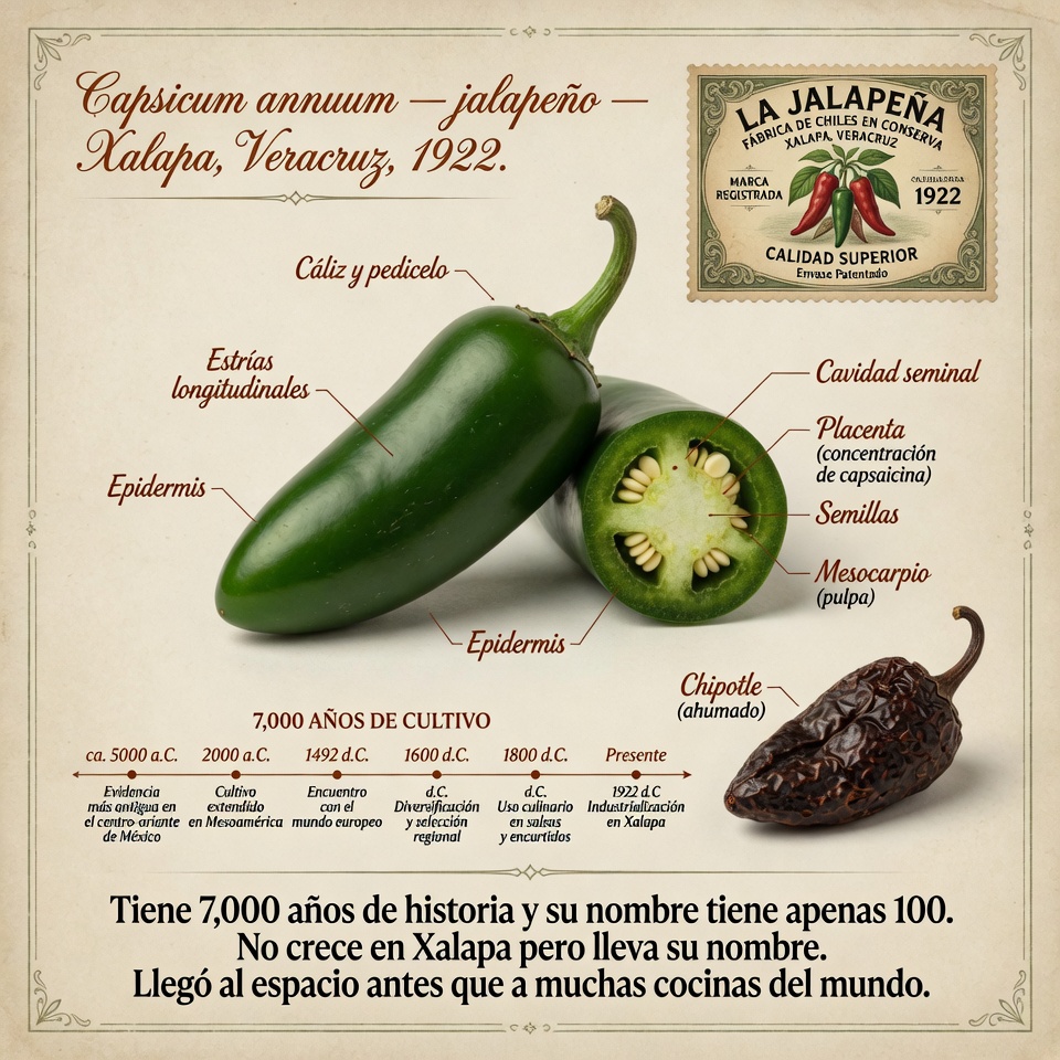 DonPorfirioDiaz's tweet photo. Las primeras evidencias de la producción de chile jalapeño se encontraron en Tamaulipas, con una antigüedad de aproximadamente 7,000 años. Siete mil años de historia y su nombre solo tiene cien. En Xalapa la siembra de chile verde jalapeño no es común. El chile más famoso de México lleva el nombre de una ciudad donde no crece. La explicación es más prosaica y más interesante que cualquier mito de origen: el 31 de enero de 1922, la Secretaría de Industria, Comercio y Trabajo otorgó al señor Narciso Jiménez Guerra la patente de los chiles descabechados "La Jalapeña". Un cordobés que llegó a Xalapa a comerciar, empezó a enlatar chiles de otras regiones en su fábrica de la capital veracruzana y los llamó con el nombre de su ciudad adoptiva. El chile no era de Xalapa. El empresario tampoco. Pero el nombre se quedó y recorrió el mundo. El chile jalapeño es también conocido como cuaresmeño, huachinango, chilchote o chipotle. El chipotle es el jalapeño ahumado — el mismo chile en otro estado de vida. El chile se volvió un elemento identitario de género y de origen: de género porque es uno de los nombres más comunes del pene en México; de origen porque cuántas veces no se ha utilizado para identificar a México en eventos como la Copa del Mundo en 1986. En 1982, el astronauta mexicano Rodolfo Neri Vela llevó chiles jalapeños en conserva al espacio durante su misión en el transbordador espacial Atlantis. El jalapeño llegó al espacio antes de llegar a muchas cocinas del mundo. La Universidad de Texas introdujo comercialmente estos chiles en 1917, transformando su percepción global. El chile que los aztecas usaban en medicina y rituales hace siete mil años hoy condimenta las alitas de Buffalo en los bares de Texas. La historia del jalapeño es la historia de México en pequeño: prehispánico, colonial, industrial, globalizado y sexualmente ambiguo, todo al mismo tiempo.