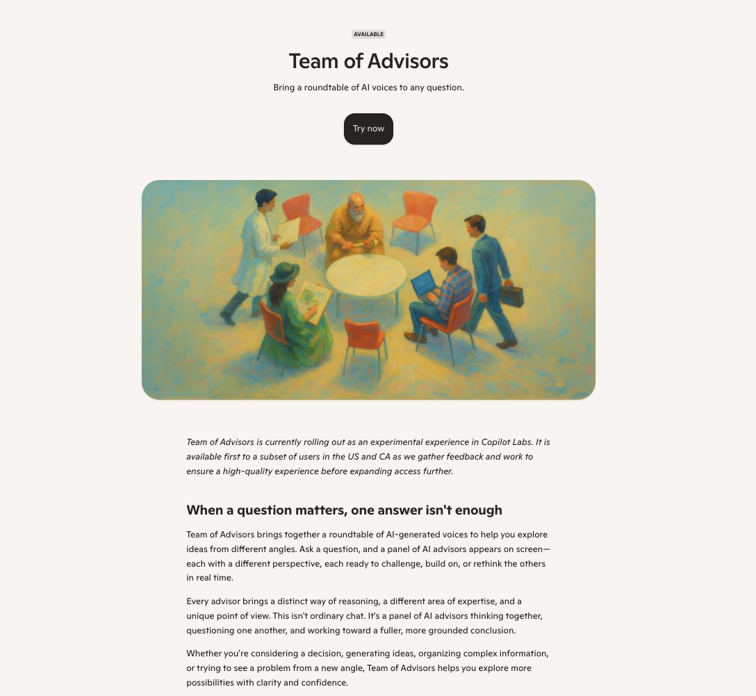ChrisUniverse's tweet photo. Wow! There is a new 'Team of Advisors' feature on @MicrosoftAI Copilot

Originally, I thought it was like Model Council, but upon prompting, you get a live discussion between the 2-4 Advisors. 

They have almost 30 advisors to choose from! 🤯😲 https://t.co/s1s1g8joMq